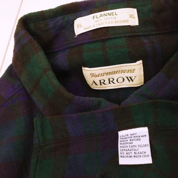 Vtg 80s Arrow Flannel Shirt -XL Button-Down Pocket LSL Winter Cabin Blue Green - Picture 8 of 8